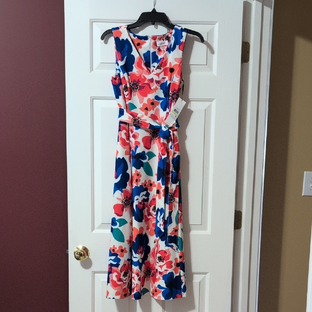 Calvin Klein Floral Sheath Dress - Blue, Coral & White